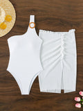 2pcs Set Women's Single Shoulder One-Piece Swimsuit With Cover-Up Skirt