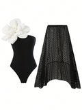 One Shoulder Swimsuit With 3D Flower Decoration And Lace Cover-Up Skirt