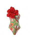 One-Piece Swimsuit With Tight Fit And Flower Print Set For Hot Spring Bathing, Comes With Chiffon Long Skirt