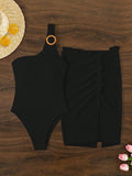 2pcs Set Women's Single Shoulder One-Piece Swimsuit With Cover-Up Skirt