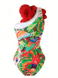 One-Piece Swimsuit With Tight Fit And Flower Print Set For Hot Spring Bathing, Comes With Chiffon Long Skirt