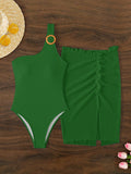 2pcs Set Women's Single Shoulder One-Piece Swimsuit With Cover-Up Skirt