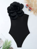 One Shoulder Swimsuit With 3D Flower Decoration And Lace Cover-Up Skirt