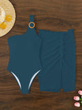 2pcs Set Women's Single Shoulder One-Piece Swimsuit With Cover-Up Skirt