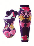 One-Piece Swimsuit With Tight Fit And Flower Print Set For Hot Spring Bathing, Comes With Chiffon Long Skirt